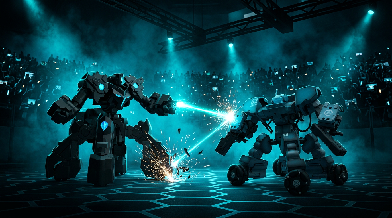 Two battle mechs clashing in the JIN Arena hex ring